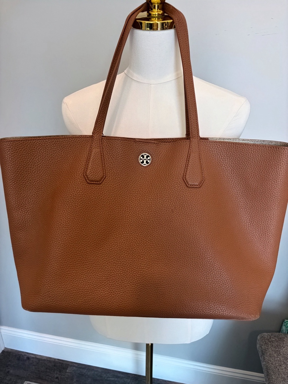 Tory Burch Large Pebbled Leather Tote Cognac Brown Gold Interior Shoulder Bag